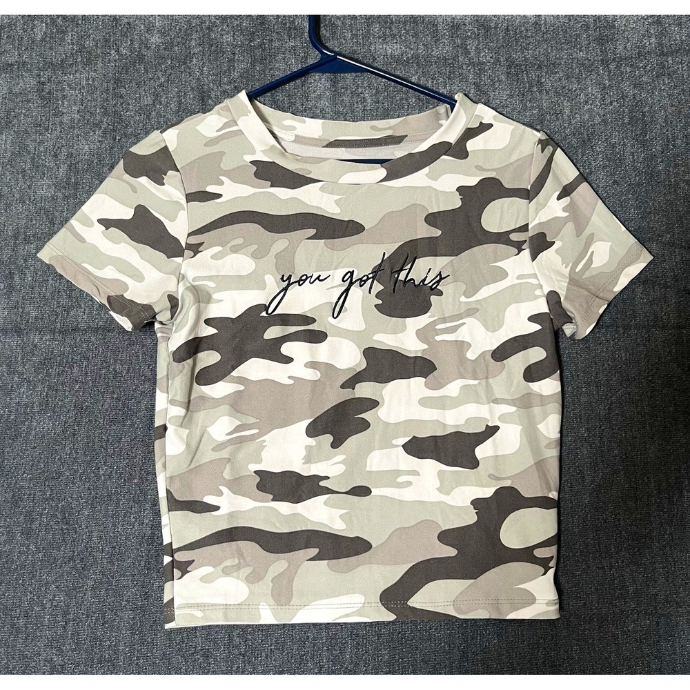 Charlotte Russe Women's Crop Top Gray/White/Black Camo Crew Neck Stretch Tee M